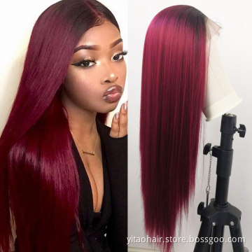 FZY Wholesale Price Good Omens Cosplay Black roots ombre Burgundy color sik straight Synthetic hair Wigs with lace front  Vendor